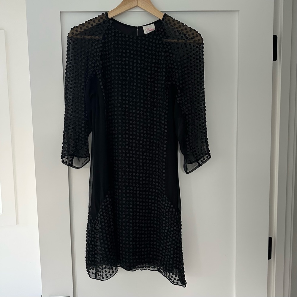 Parker black silk cocktail mini dress with leather squares